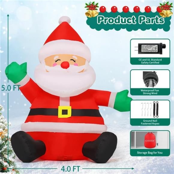 5 FT Christmas Inflatables Sitting Santa Claus Happy Face with Built-in LEDs - Picture 6 of 6